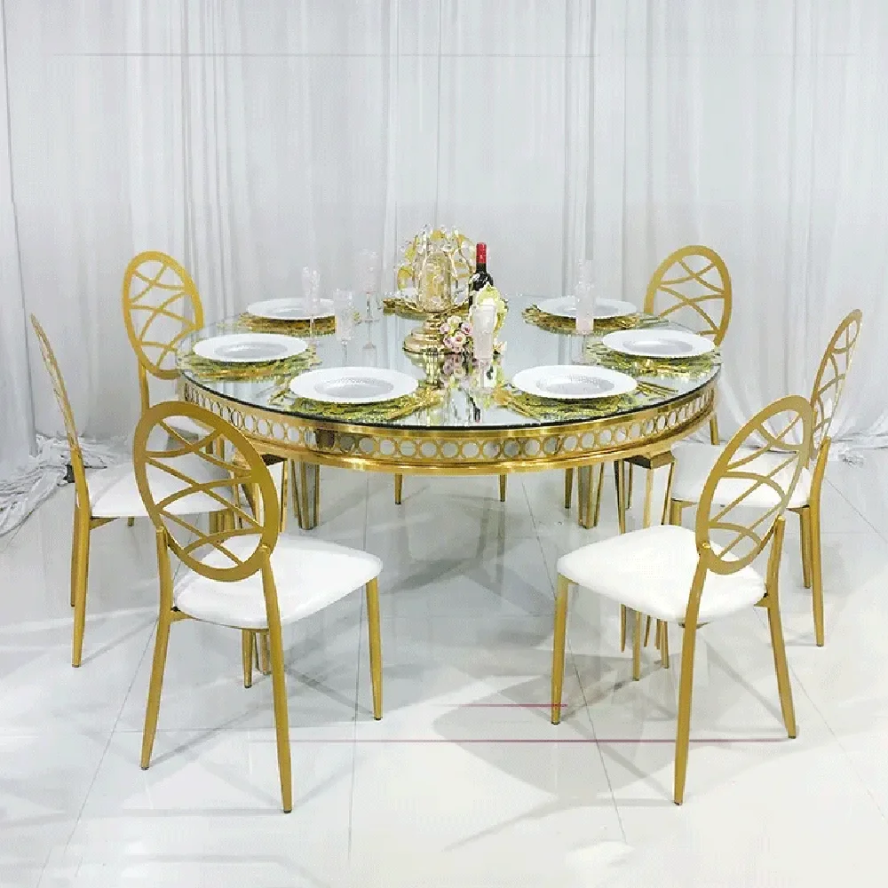 Зеркальный Золотой Роскошный Гостиничный набор мебели для столовой стеклянный обеденный Свадебный Банкетный стол
