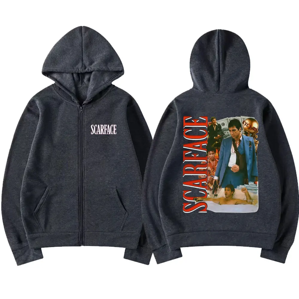 Movie Scarface Tony Montana Graphic Zipper Hoodie Men Vintage Zip Up Jacket Unisex Hip Hop Gothic Rock Oversized Sweatshirt Coat