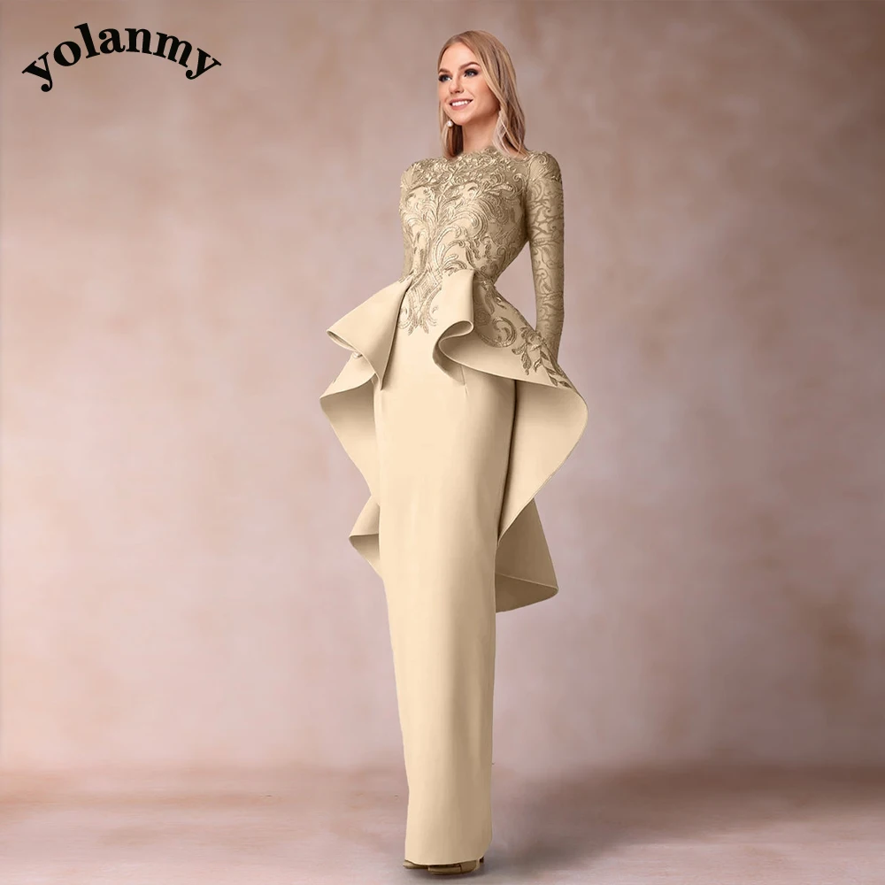 YOLANMY Fashionable Sheath Mother of The Bride Dress Floor Length Ruffles Appliques Zipper Robe De Soiree Femme Customized