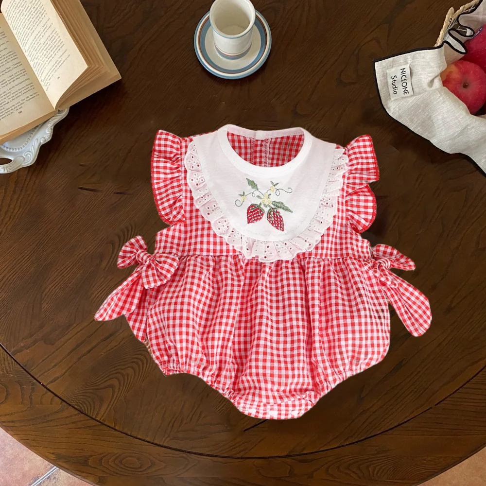 Cotton Summer Baby Girls Strawberry Plaid Bodysuits