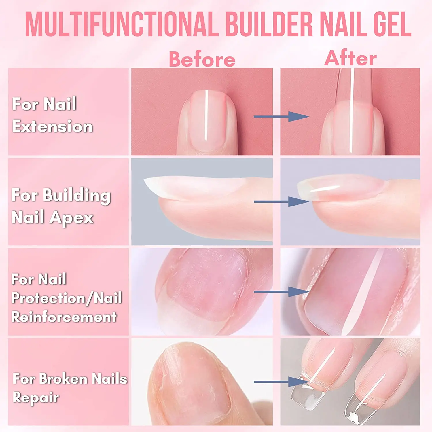 Nail Gel Gel Polish Base and Top Coat Nail Strengthener Nail Extension Gel Makartt 5-in-1 Builder Gels Nail Gel Extension Nail Strengthen & Repair Base Coat Polish Soak Off UV/LED Lamp Needed