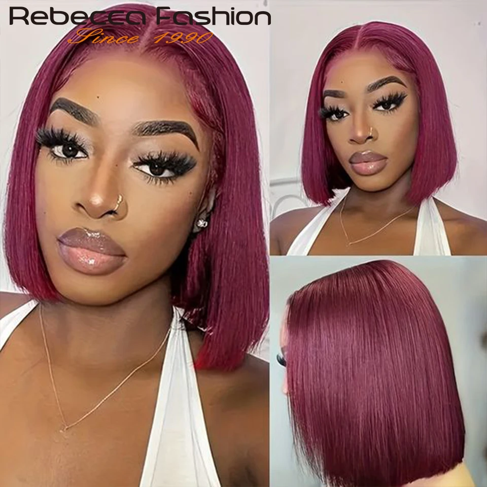 Colored 99J Ombre Short Bob Lace Wig Human Hair Wig For WomenTransparent Lace Burgundy Brazilian Straight Front Wigs