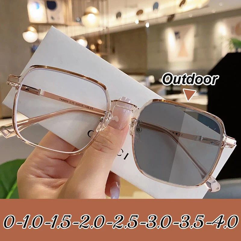 

Large Fashion Square Photochromic Myopia Glasses Anti-blue Light Near Sight Eyeglasses Finished Eyewear 0 To -6.0 for Women Men