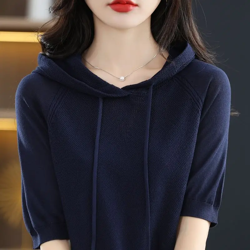 Spring Summer Women Solid Short Sleeve Knit Hoodies Versatile Loose Fashion Sweatshirts Korean Vintage Pullover Casual T-shirt
