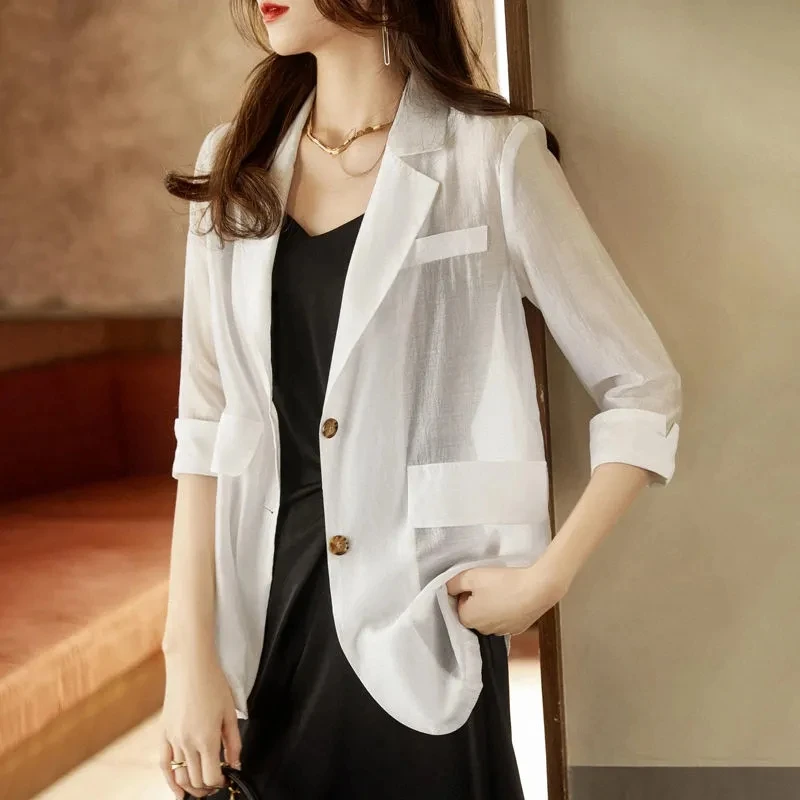 

High-end Light Suit Jacket Luxury Three Quarter Sleeves One Piece Mid-length Blazers Summer Korean Business Work Suit Coats