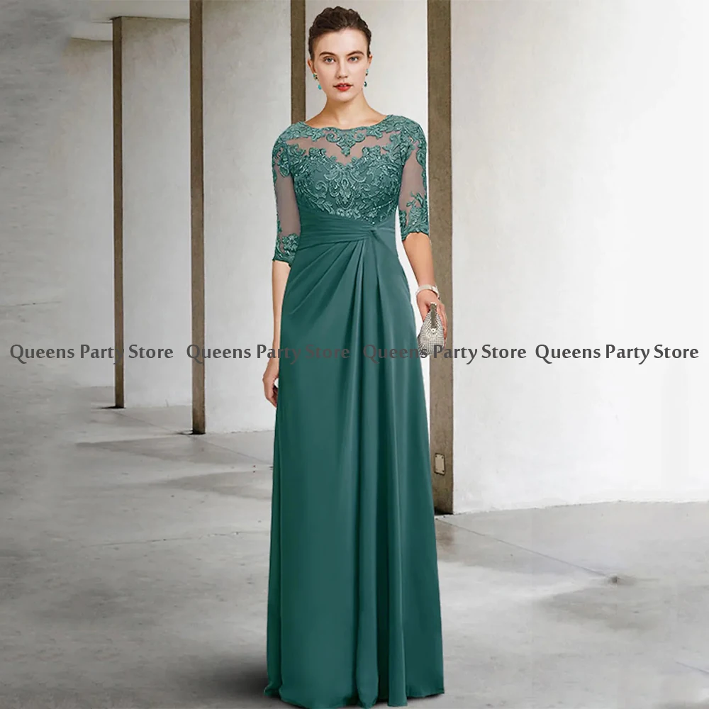 Mother Bride Dresses Green Half Sleeves Scoop Neck Chiffon