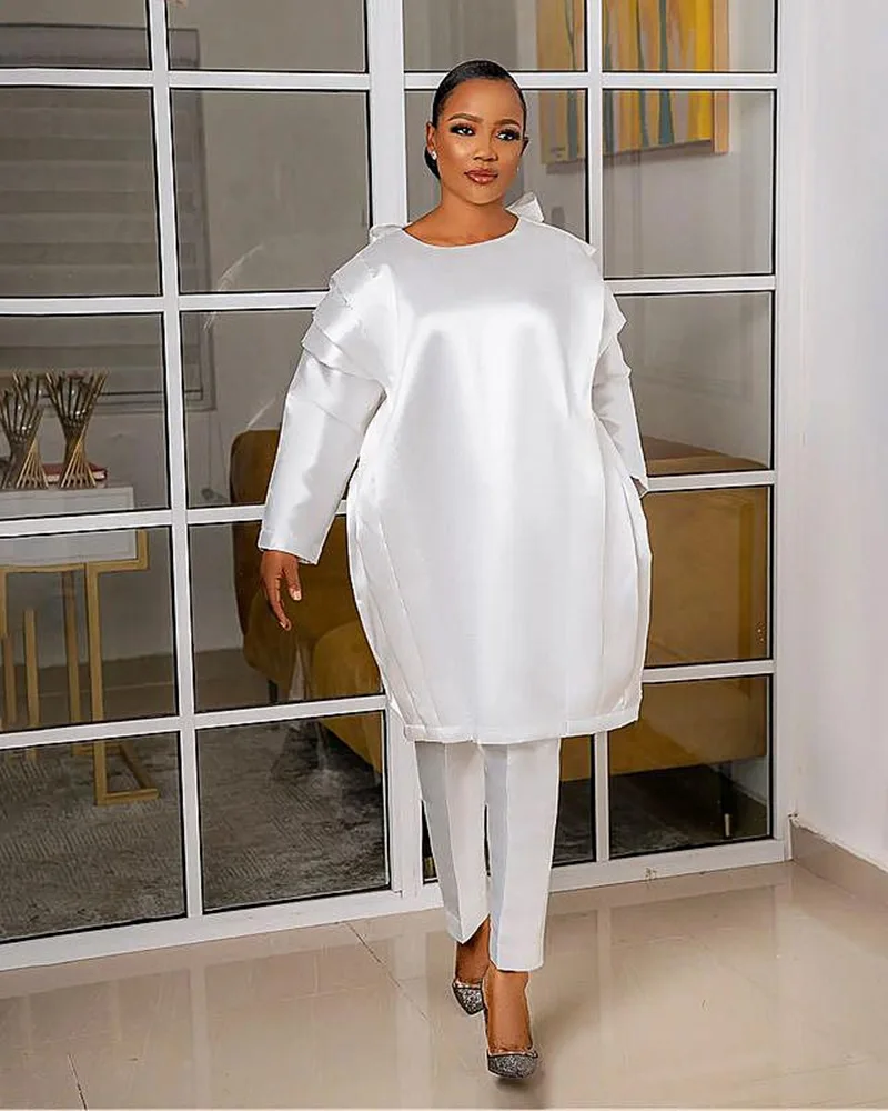 

2023 Pink White African Clothes for Women Summer Spring African Women Long Sleeve 2 Pieces Sets Top and Pant Matching Set