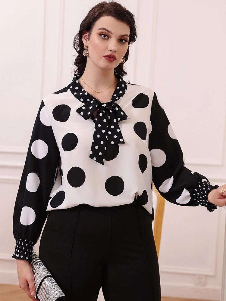TOLEEN Cheap Clearance Price Outfits Fashion Dot Bow Women Large Plus Size Top 2022 Spring Long Sleeve Oversize T-Shirt Clothing