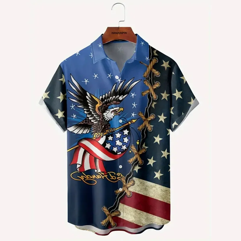 Plus Size Lapel Mens American Flag Graphic Print Hawaiian Shirt Button Down Shirts, Top Blouse Shirts, Short Sleeve, Button Down