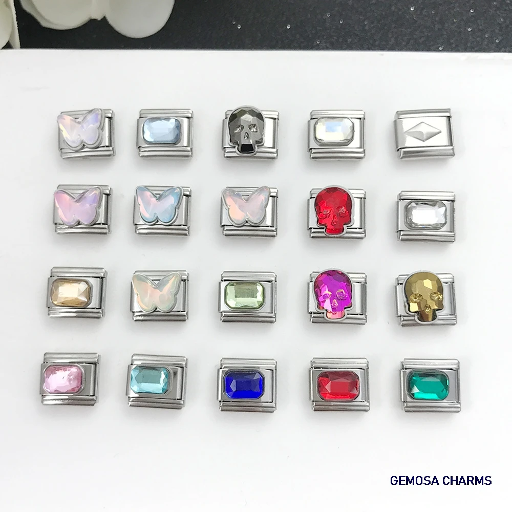 GEMOSA Großhandel Italienischer Charm-Link, passend für 9 mm Edelstahl-Schmuckherstellung, bunter Totenkopf, Schmetterling, quadratisches Bild, Armbänder zum Selbermachen