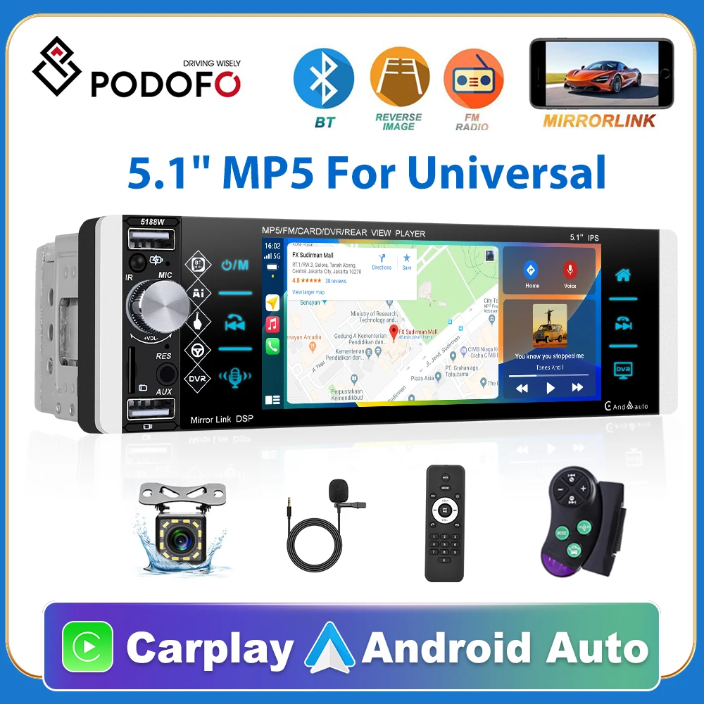 

Podofo 1 Din Carplay Android auto Car mp5 Player 5.1'' HD Touch Screen with Bluetooth FM Radio Support TF/USB Rear View Camera