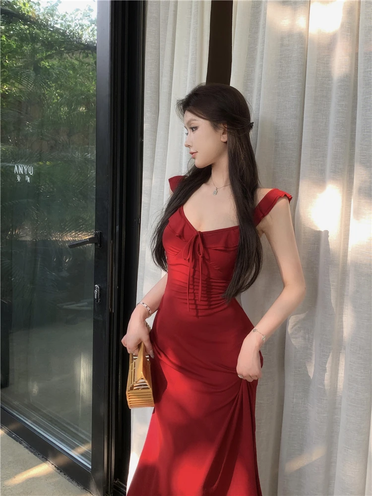 Spaghetti Strap Knitted Dresses for Women Lace-up Slim Solid Square Collar Elegant Sexy Korean Fashion Vestidos Mujer New