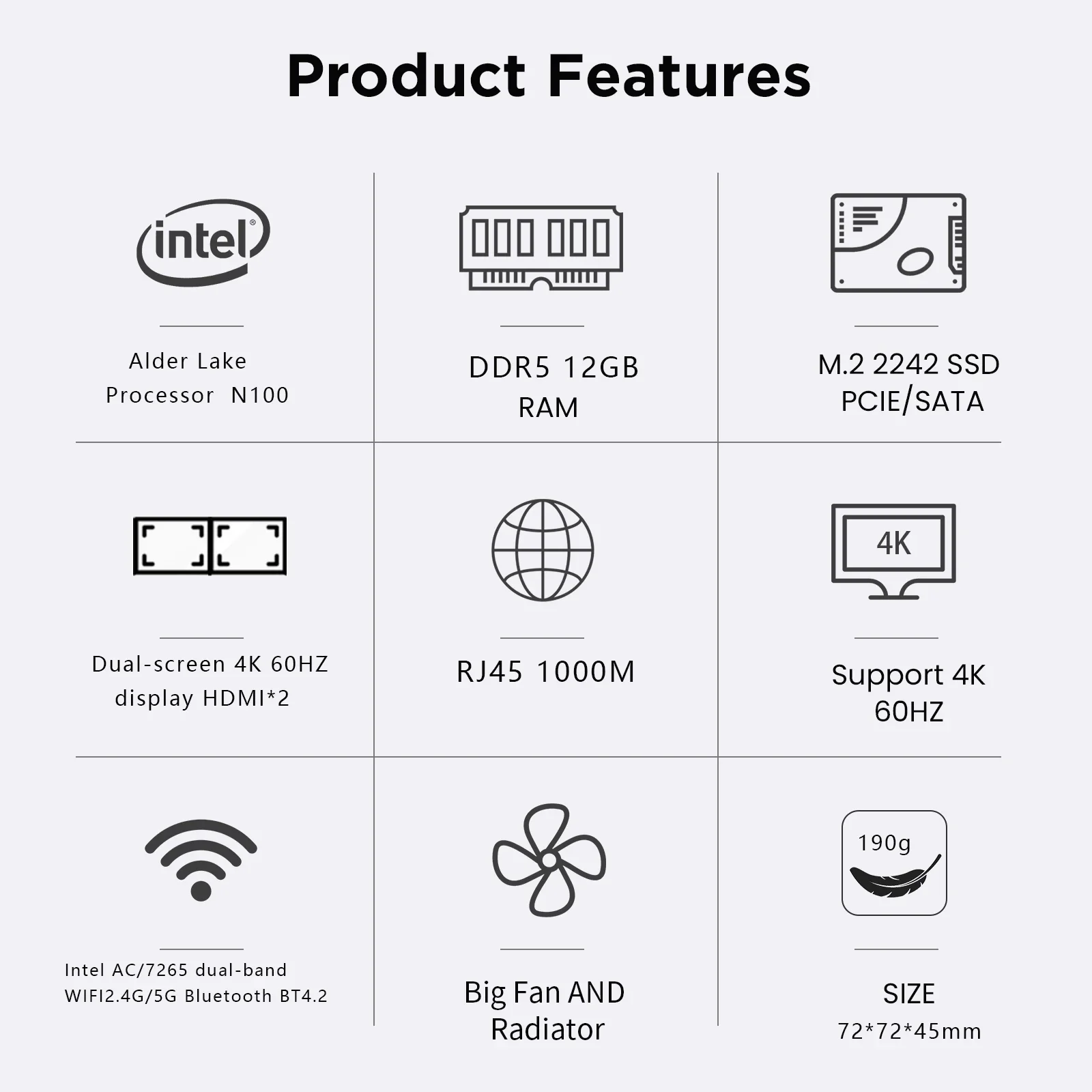 ZX01 PLUS Intel Alder Lake N100  Windows 11 4 Core Mini PC DDR5 12GB 128GB M.2 SSD WIFI5 BT4.2 Desktop Computer Gaming