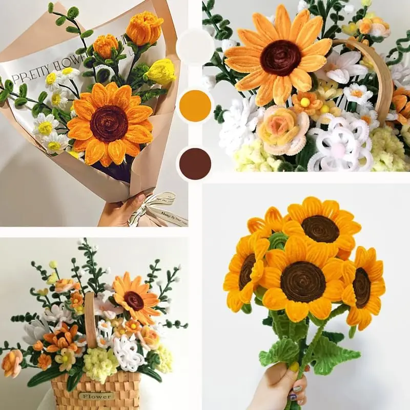 Sunflower Pipe Cleaner Kit with 270 Pcs Pipe Cleaners Colourful, Floral Wire, Floral Tape, Glue Sticks,Wrapping Paper and Ribbon