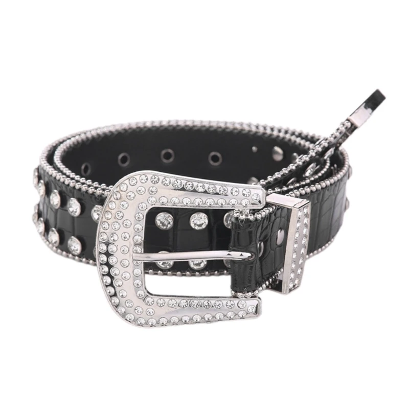 

Y166 Female PU Belt Rhinestones Studded Waist Belt for Pants Jeans Teens Girl Fashion Pin Buckle Belts Waist Decorative Belt