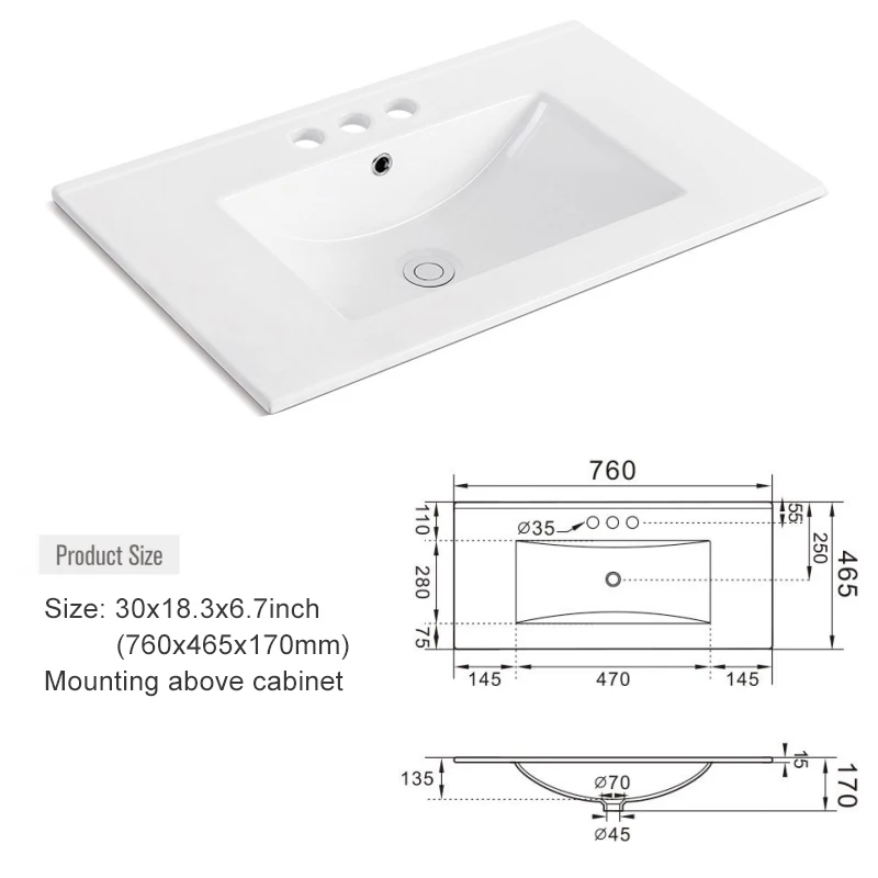 1pc 30inch Porcelain Ceramic Vanity Sink Top, Surface Bathroom Vessel Sink Basin with Three Faucet Holes, Rectangular, Glossy W 6