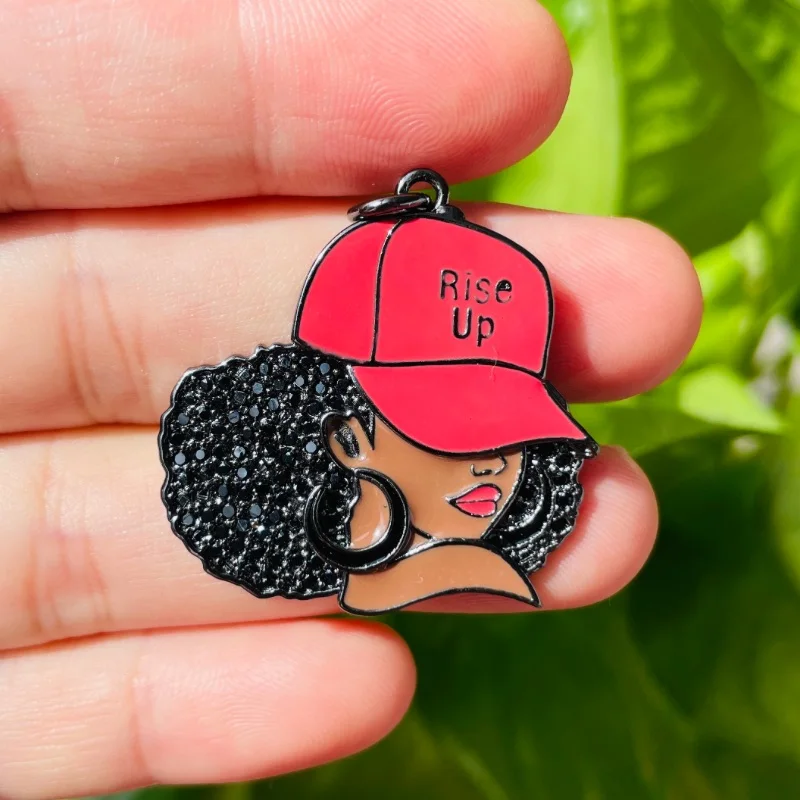 5pcs Enamel Micro Pave Rise Up Black Girl Charms for Women Bracelet Necklace Making Afro Girl Sports Pendant Jewelry Supply