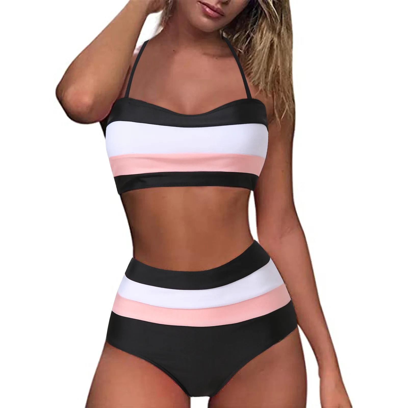 

Women Striped Print Halter Bikini Swimsuit Two Piece High Waist Swimwear Luxury Tankinis Sets Beach Vacation Bathing Suit
