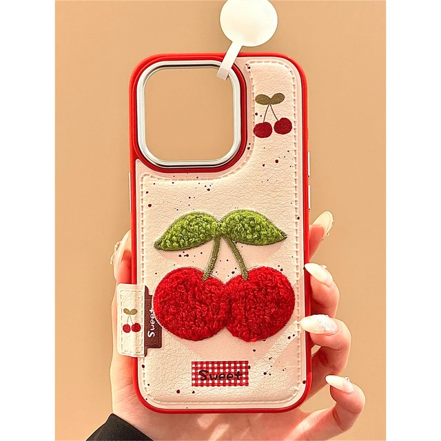 Ins Korean Cute Embroidery Cherry Leather Phone Case For iPhone 16 15 14 13 Pro Max 15 14 16 13 Pro Camera Protection Back Cover 2