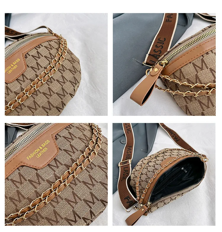 Schicke Umhängetasche mit doppelter Kettendetails, einfache Brusttasche, stilvoller breiter Riemen und schlankem Reißverschluss, geeignet für den täglichen Gebrauch – Detail 9