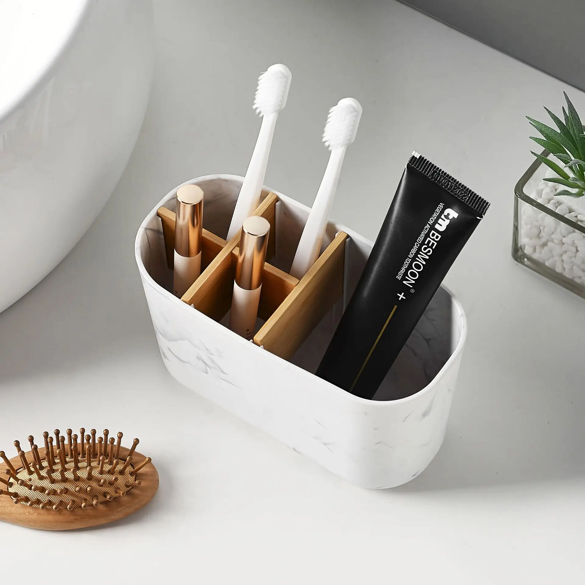 Eco-Friendly Bamboo Toothbrush Holder - 5 Slot Bathroom Organizer with Toothpaste Compartment