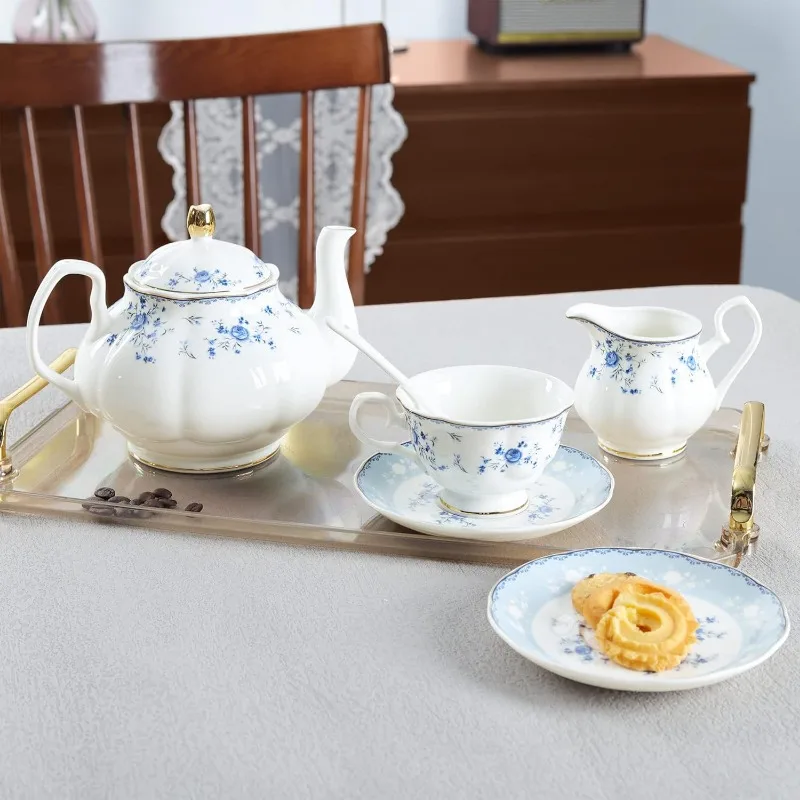 Porcelain Tea Set, British Floral Teapot with Tea Cups, Women Party Set for 6