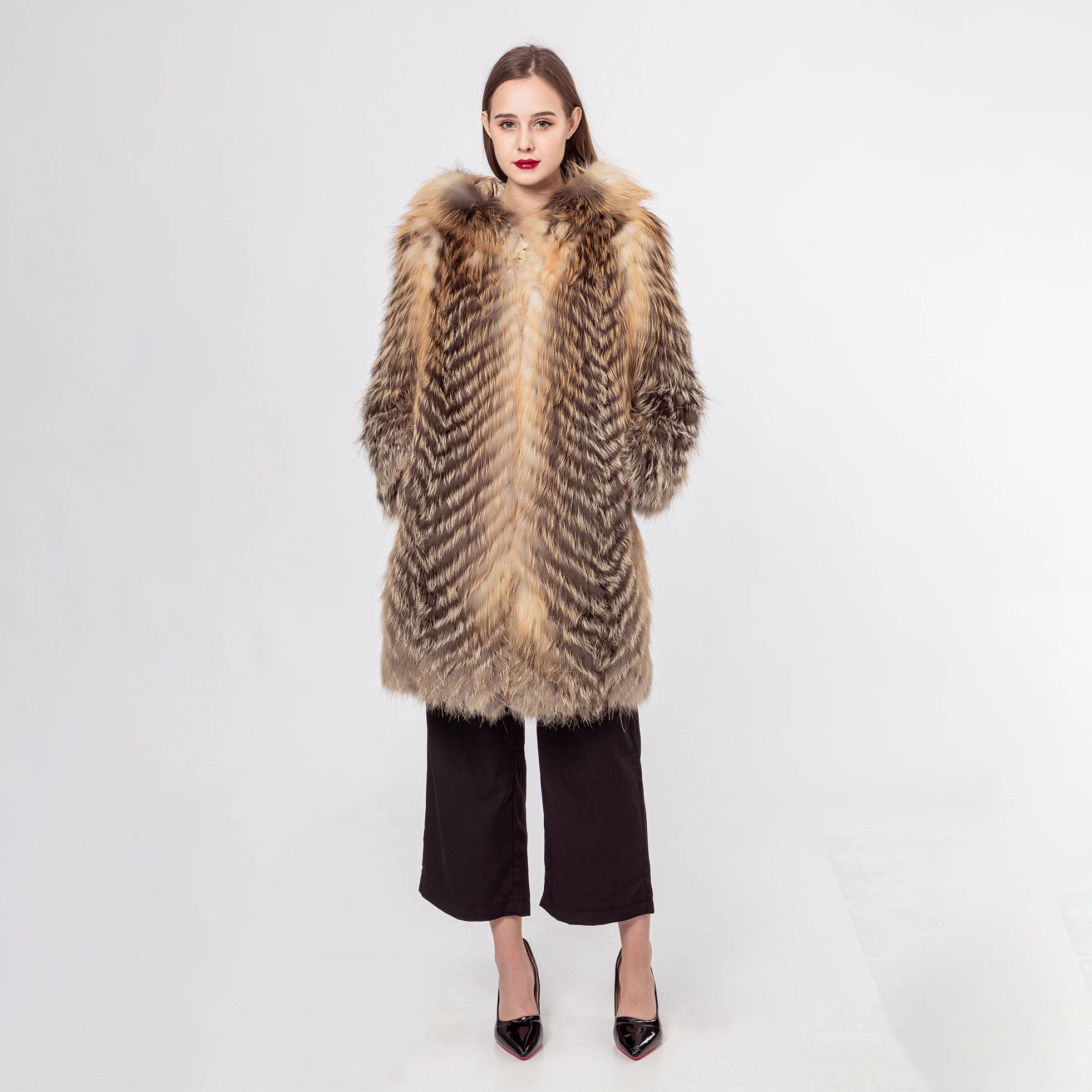 real natural red Fox Fur Stripe long Coat With Hat 210734 New spring autumn Luxury Hooded Long Women Outerwear Flurry Furry