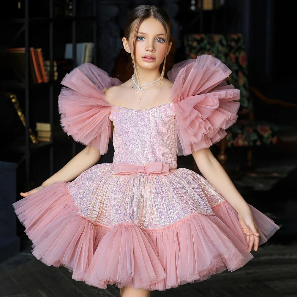 PuffyGirlDressPinkGlitterFlowerGirlDressRufflesSleeves