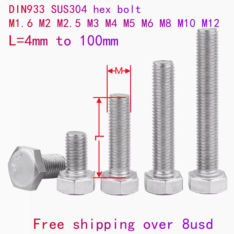 2-20pcs External Hex Hexagon Head Screws Full Thread M3 M4 M5 M6 M8 M10 M12 304 Stainless Steel Hexagon Head Bolt DIN933 stainless steel screw