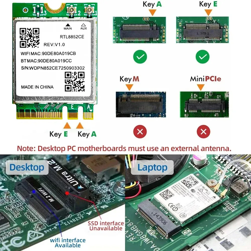 WiFi 6E 트리플 밴드 5374Mbps 블루투스 5.3 어댑터 무선 동글 RTL8852CE M.2 2230 802.11ax 네트워크 카드 윈도우 10/11용