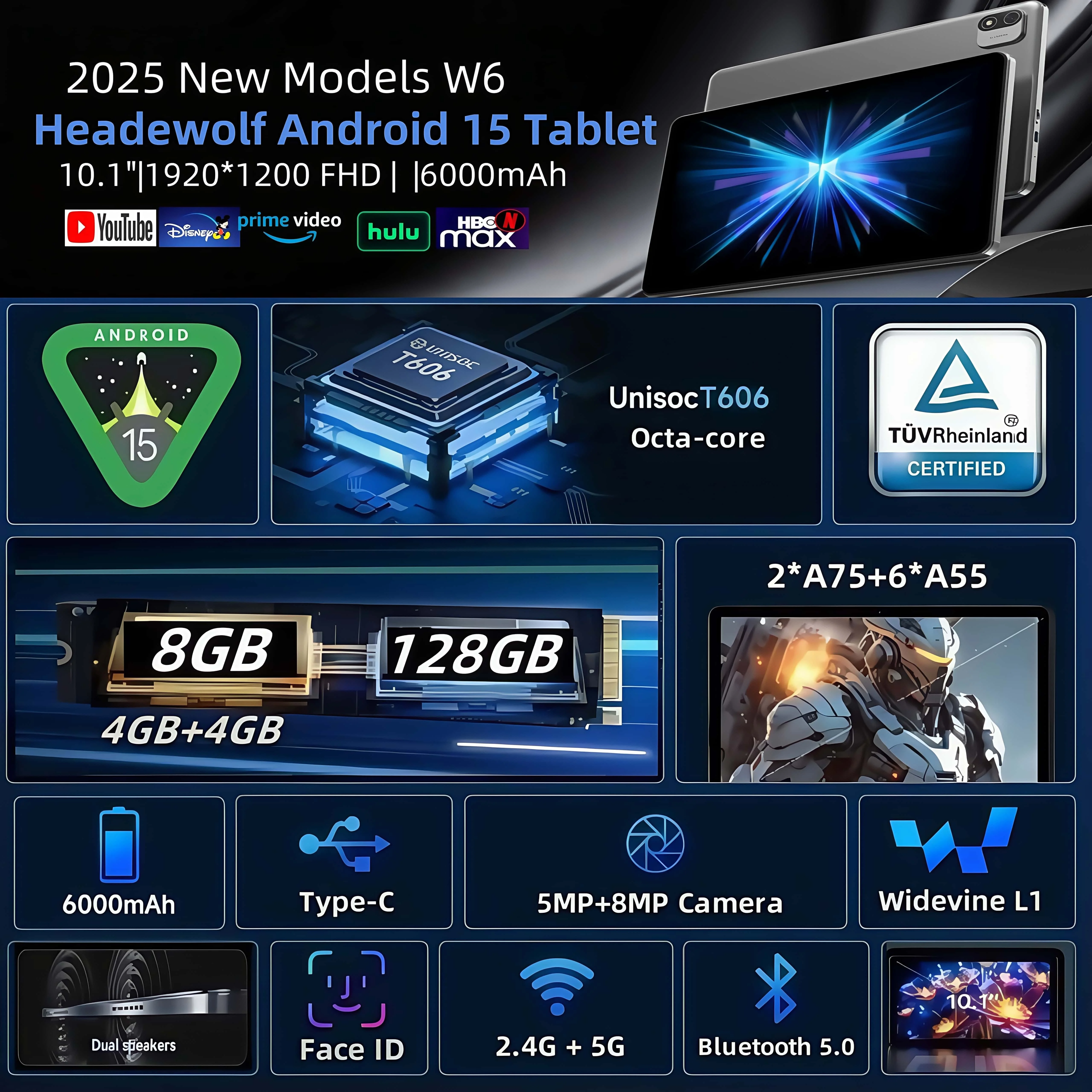 Headwolf WPad6 Android 15 Tablet 10 inch 4+4GB Ram128GB ROM Wifi Tablet PC 6000 mAh battery