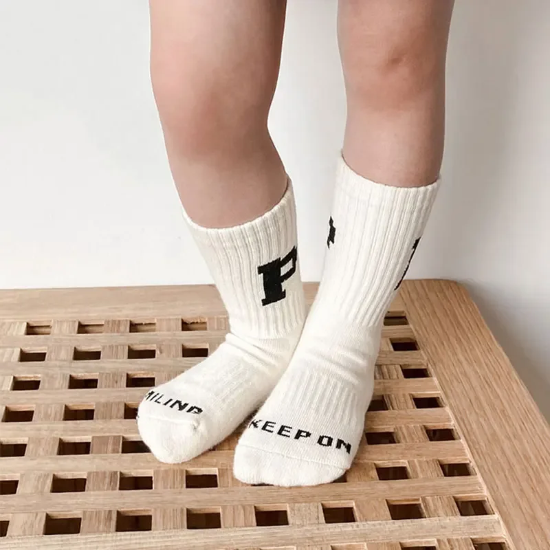 3-12Y Spring Autumn Winter Kids Children Soft Cotton Stockings for Baby Girls Boys Solid White Letter Socks Sports Stuff