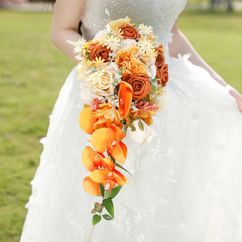 Orange White Cascading Wedding Bouquet centros de mesa bodas High end simulation bride holding bouquet wedding waterfall Flowers