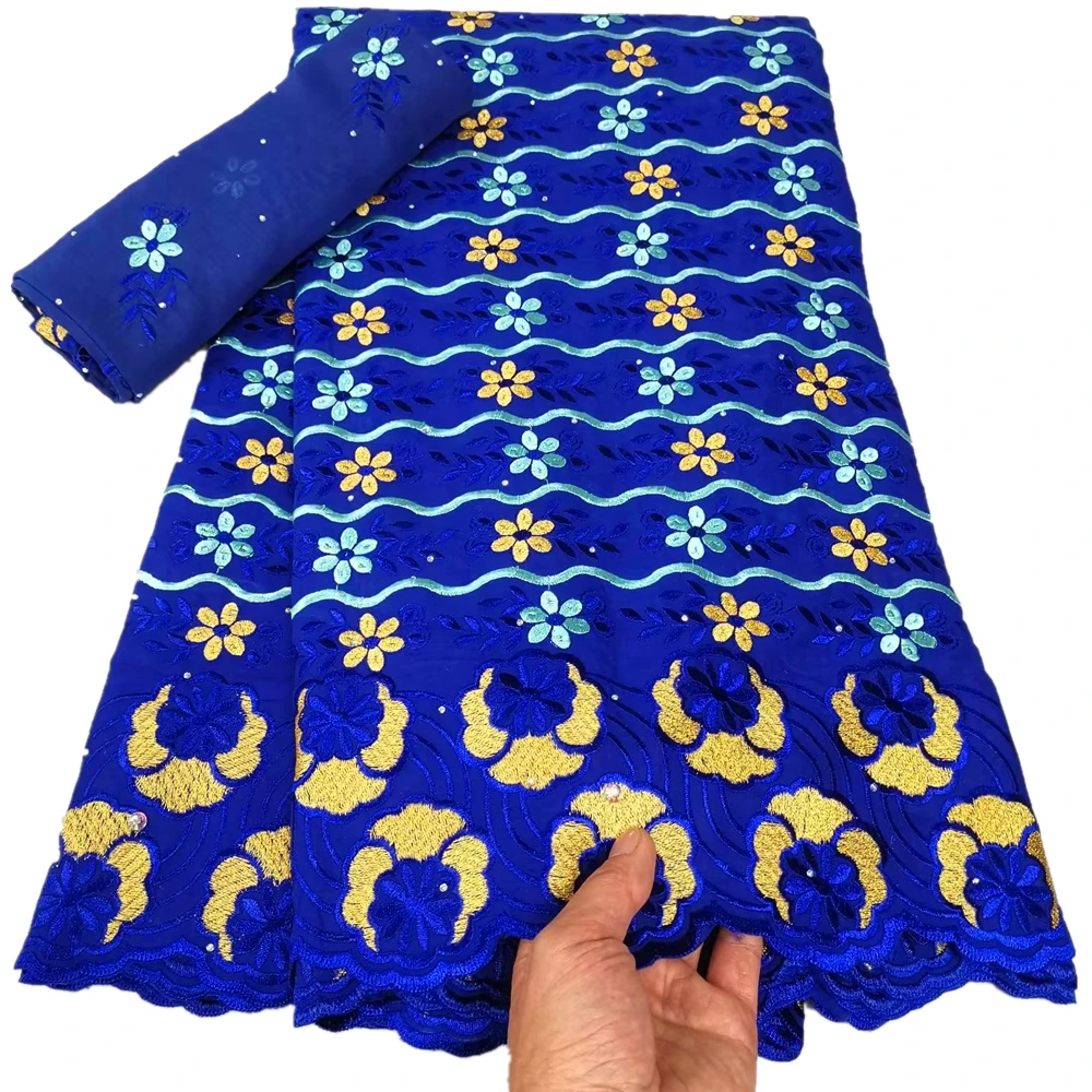 

Синяя и Золотая кружевная ткань из сухого хлопка с цветочным рисунком и камнями, Африканское платье, швейные материалы, новейшая мода