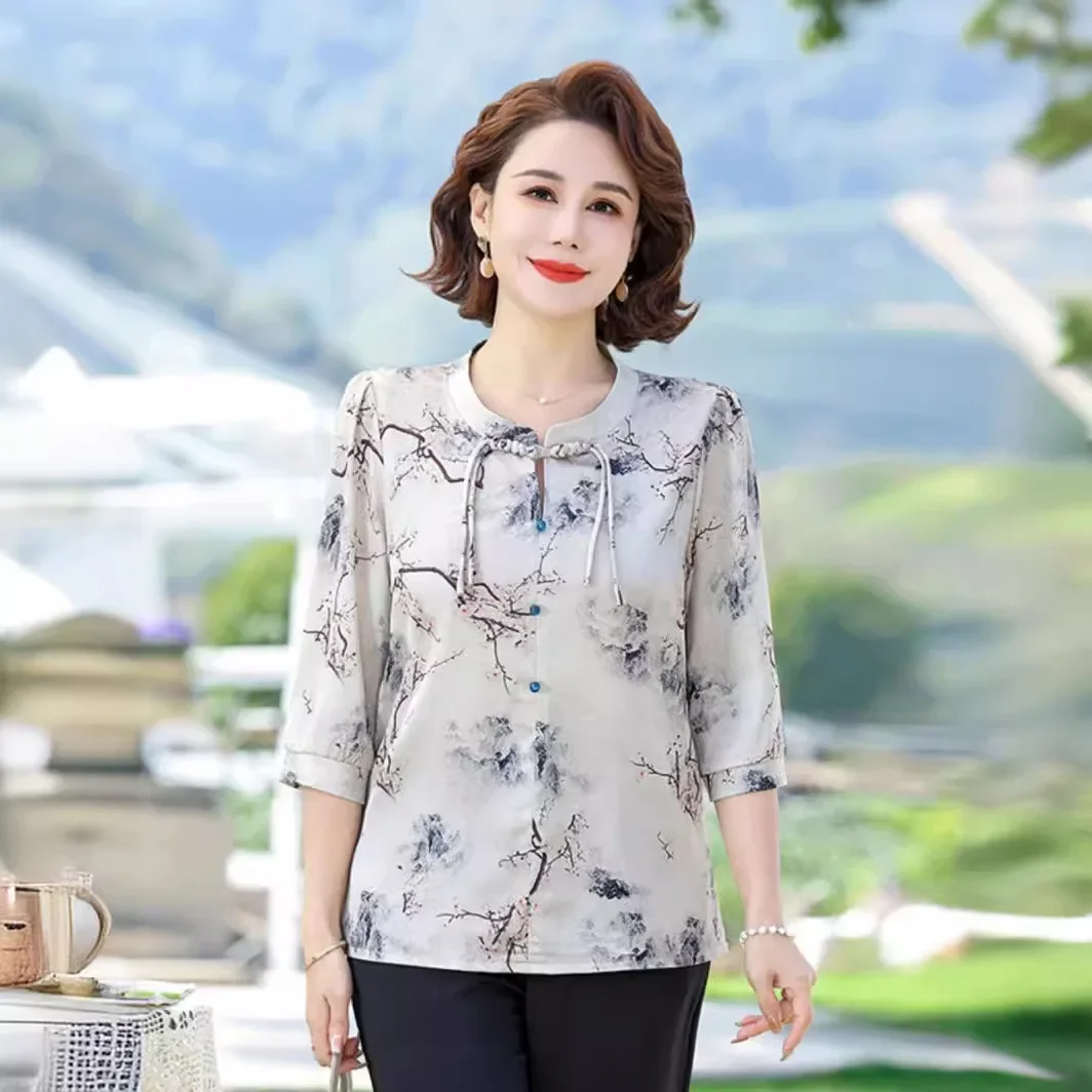 중국 스타일 시폰 티셔츠, 중년 여성 상의, 용수철 여름 소매 길이 어머니 복장, 스타일리시 신상