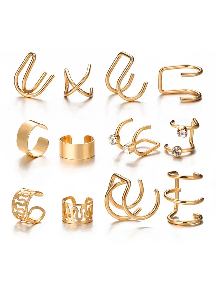 Ear clip earrings clip earrings ear clip ear accessories 12 Pieces Vintage Gold Silver color Ear clip earrings set Crystal Non-piercing ear cuff Hollow Women trendy jewelry