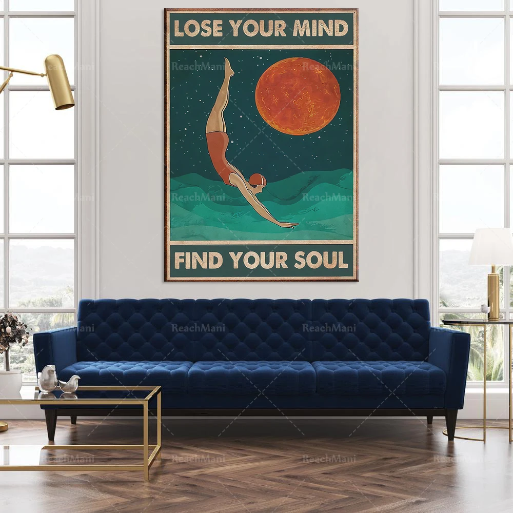 

Lose Your Mind Find Your Soul Poster, Swimming Canvas Print, Diving Poster, Swimming Valentine's Day Gift, Vintage Sports Poster