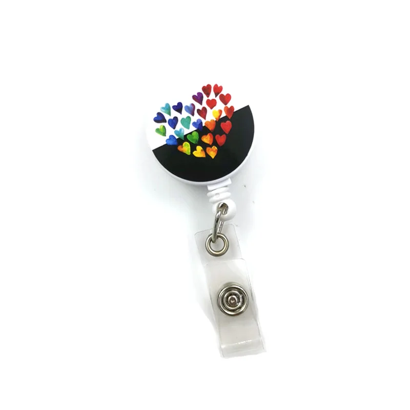 Badge Holder Rainbow Color Hearts Love ID Retractable Badge Holder ID Badge Holder Clip Key Ring for Name Card Keychain Nurse Work Decoration