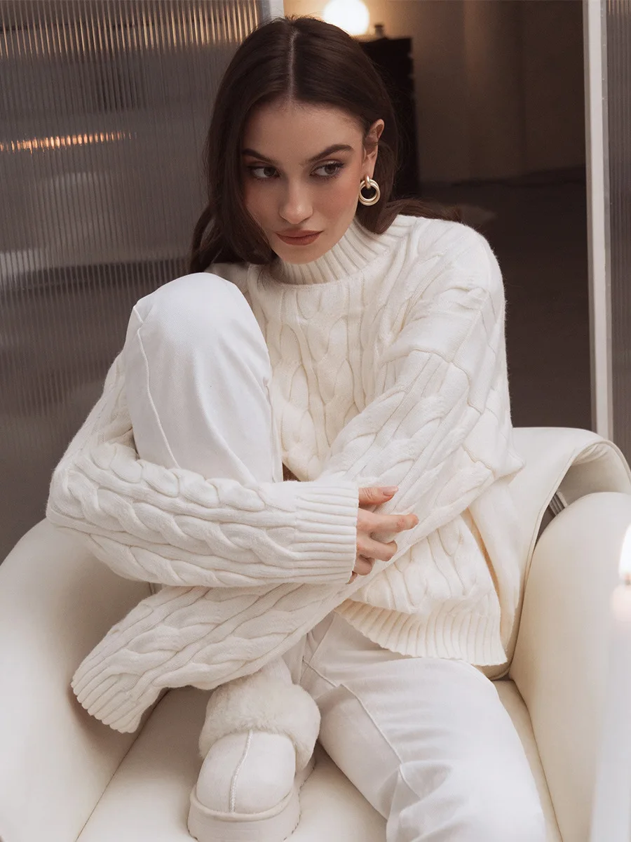 Bornladies Women's Turtleneck Cable Knit Sweater Lazy Loose Fit Long Sleeve Casual Autumn Winter Pullovers