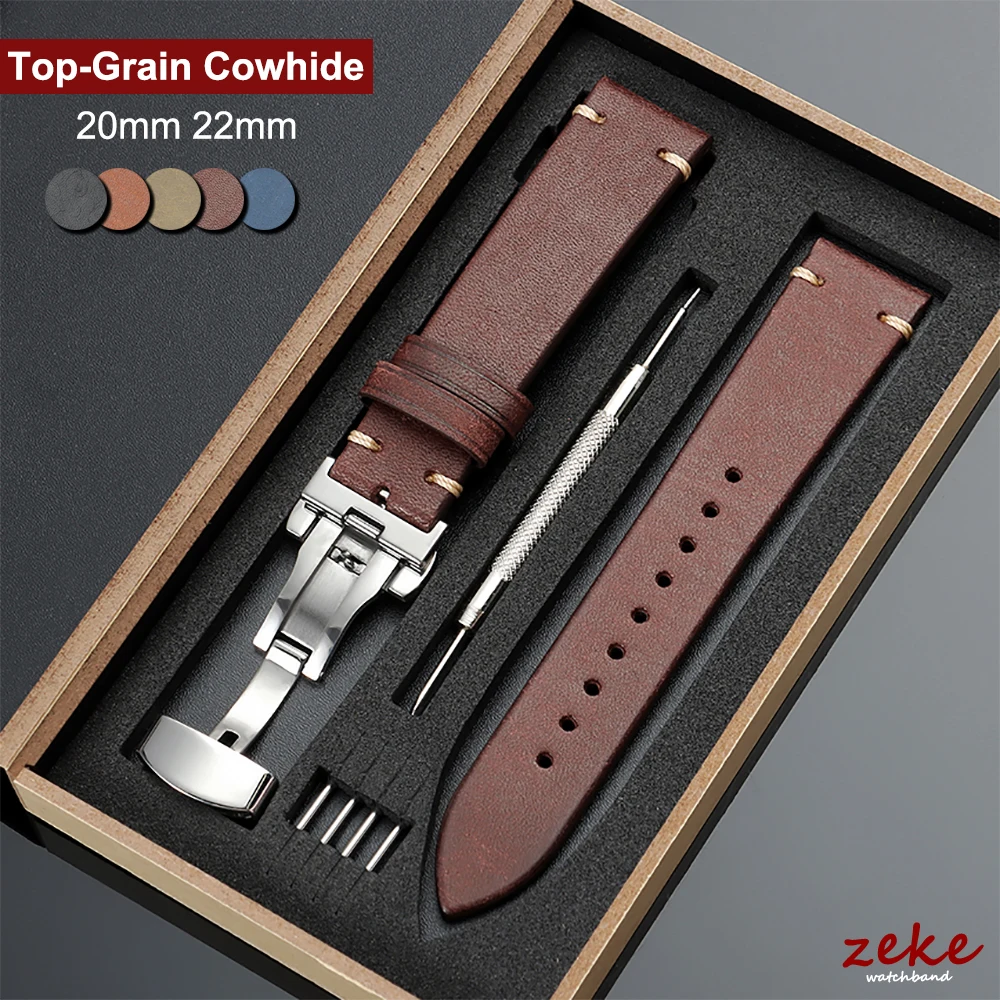 Elegant Genuine Leather Watch Band with Wooden Box & Butterfly Clasp Bracelet