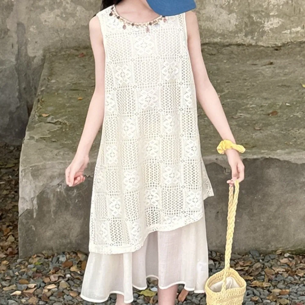 Round Neck Kids Bohemian Shell Dress Sleeveless Princess Children Beach Long Skirt Loose Casual Girls Patchwork Dress Vacation