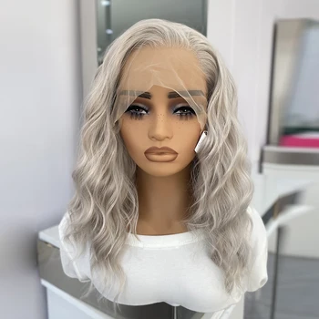 UStyleHair Ash Blonde Short Wave Wig Body Wave Synthetic Blonde Lace Front Wig Heat Resistant Natural Hairline Daily Use Cosplay