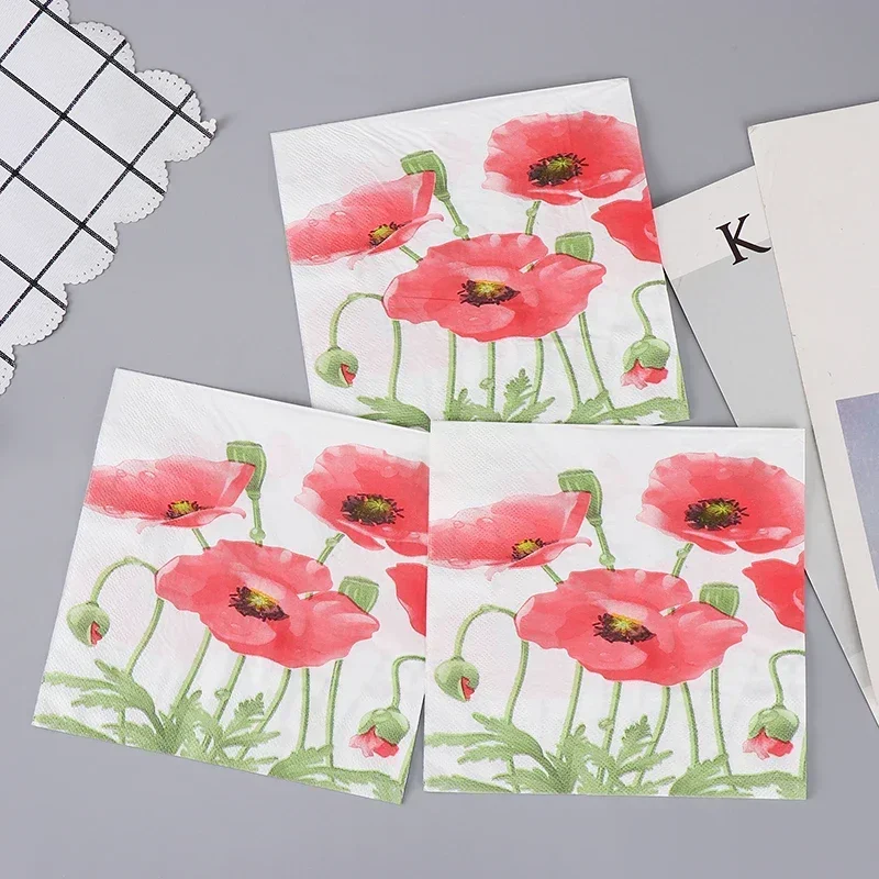 20pcs/pac Paper Napkins Disposable Paper Placemats Red Flowers Wedding Colourful Printed Wedding Decoration Supplies 33*33cm