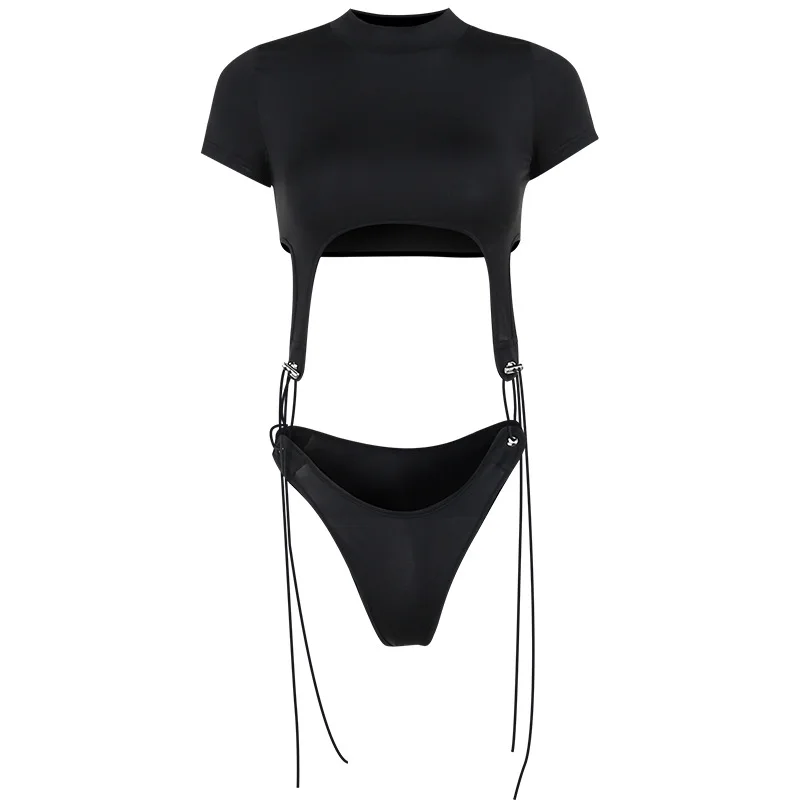 Body de manga corta con cuello alto para mujer, estilo Y2K, de una pieza con aberturas, con cordones, lencería sexy.