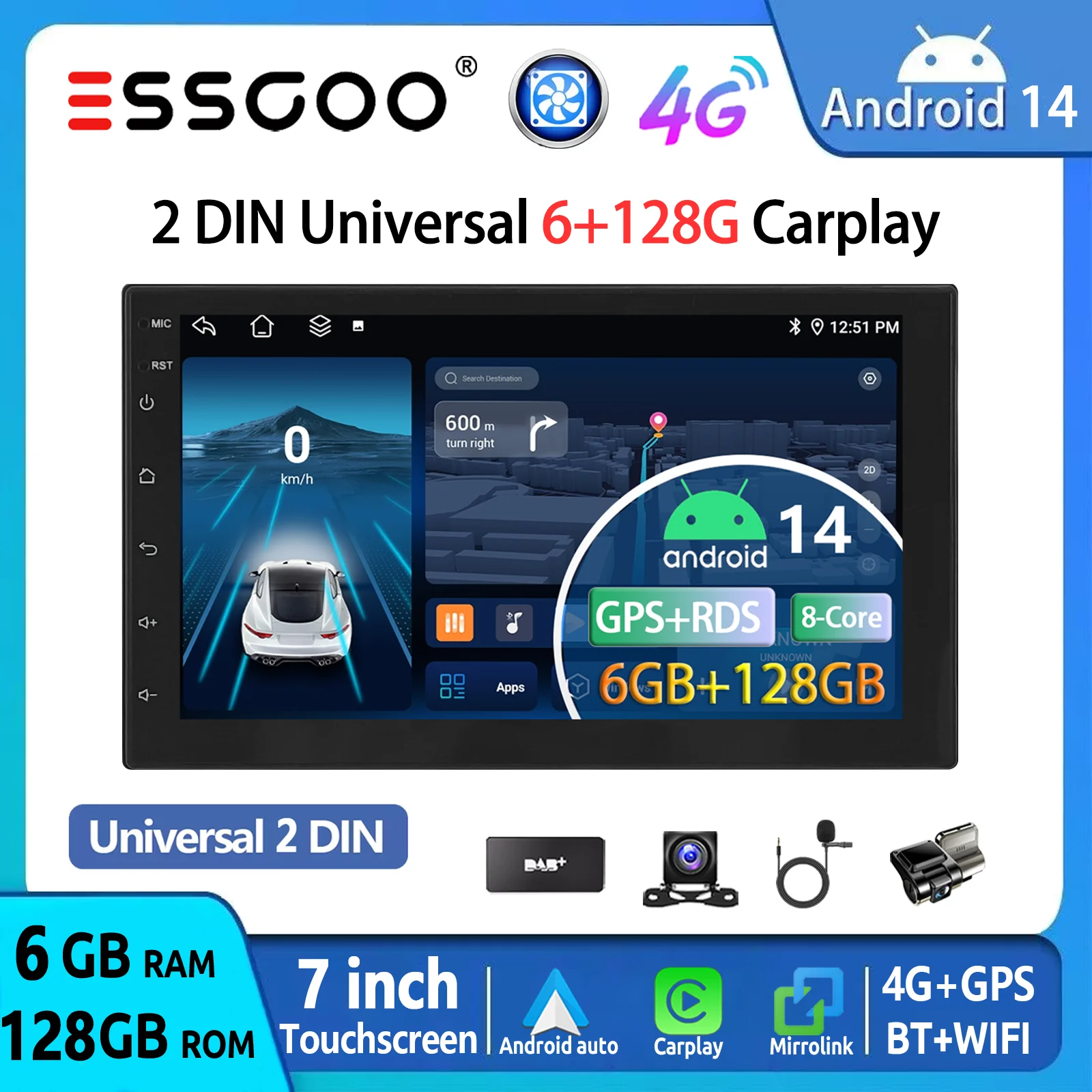 ESSGOO Android 14 7" 6+128G 2 DIN 8-Core Universal Autoradio Wireless Carplay Android Auto GPS Navigation AM RDS Bluetooth WIFI 4G SWC Mirror Link Multimedia Videoplayer Touchscreen Head Unit