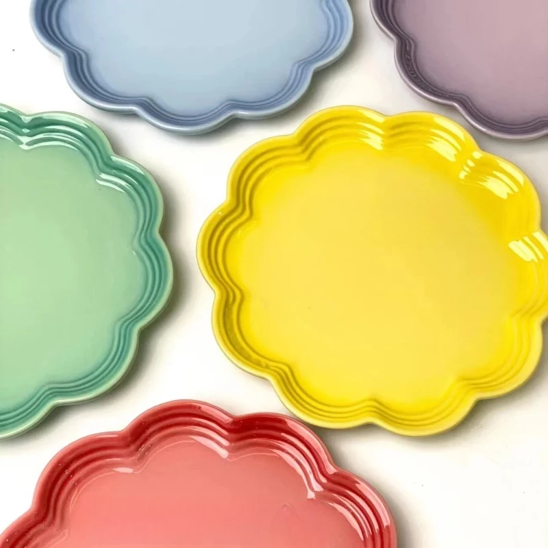 French Rainbow Lace Plate 22cm Stoneware Porcelain Skirt Plates Lace Fruit Dessert Macaron Ice Cream Serving Plates Tableware