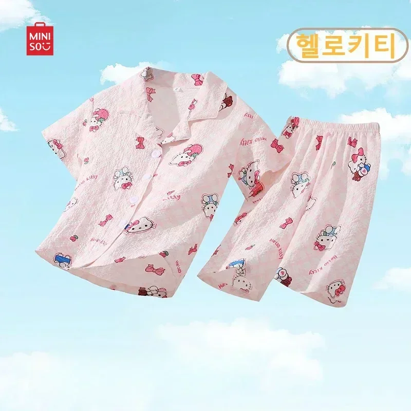 어린이 잠옷 세트, 애니메이션 시나모롤 포차코 헬로 키티, 어린이 가디건, 반팔 잠옷, 소녀 소년 홈웨어, 여름