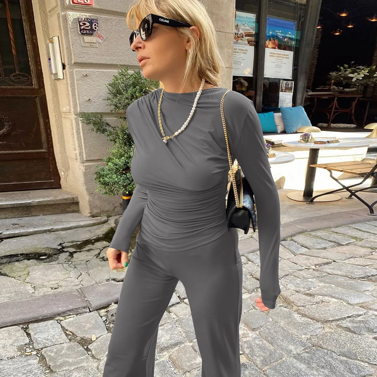 Fashion Autumn 2 Piece-Set Female Flared Pants Streetwear Slim Pleated Long Sleeve Casual Outfits Women's Pants Sets
