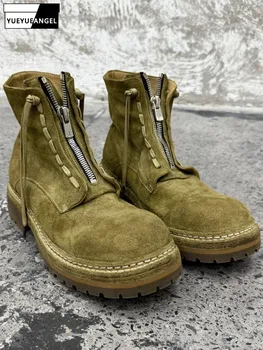 Retro Style Solid Color Genuine Leather Height Increase Zipper Ankle Boots Men Horsehide Round Toe Platform High Top Shoes