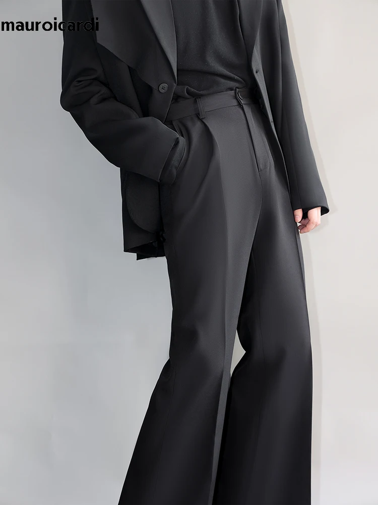 Men casual pants Mauroicardi spring autumn black flowy straight high-waist loose casual trousers for men